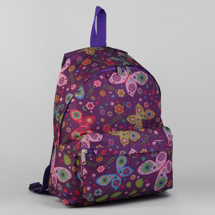 Рюкзак молодёжный на молнии "Бабочки", 1 отдел, 1 наружный карман, цвет сиреневый