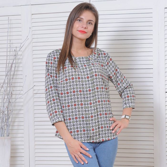 Блуза 5175, размер 46, рост 164 см, цвет белый/серый/зеленый