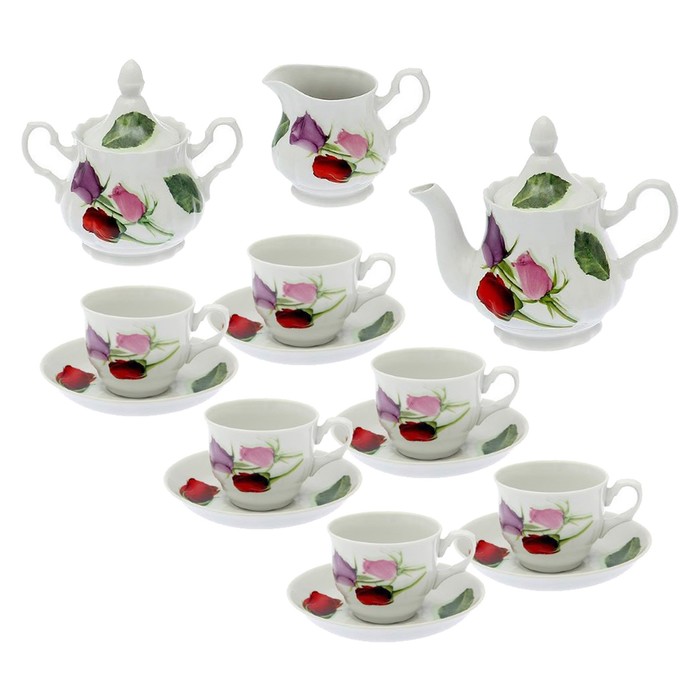 Сервиз чайный "Романс. Королева цветов" 15 предметов: 6 чашек чайных 250 мл, 6 блюдец чайных d=15 см чайник 800 мл, сахарница 550 мл, сливочник чайный 350 мл