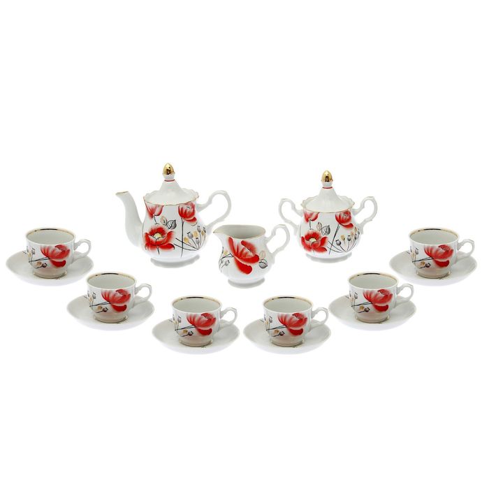 Сервиз чайный "Романс. Маков цвет" 15 предметов: 6 чашек чайных 250 мл, 6 блюдец чайных 15 см, чайник 800 мл, сахарница 550 мл, сливочник чайный 350 мл