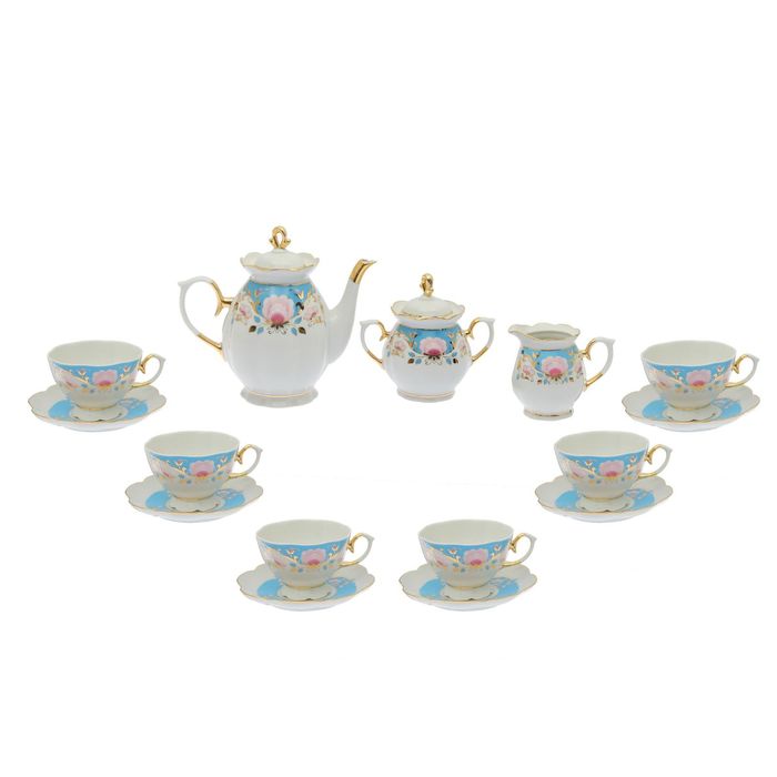 Сервиз чайный "Елена. Дворянский" 15 предметов: 6 чашек чайных 250 мл, 6 блюдец чайных 15 см, чайник 1 л, сахарница 400 мл, сливочник 180 мл