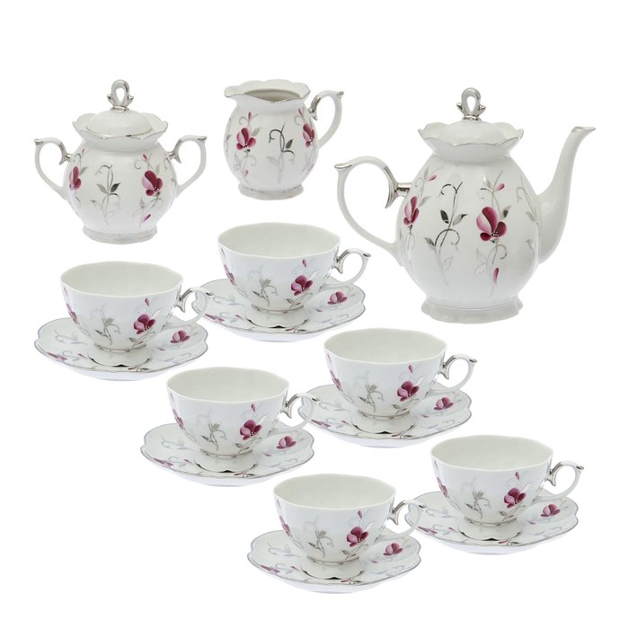 Сервиз чайный "Елена. Мелодия вальса" 15 предметов: 6 чашек чайных 250 мл, 6 блюдец чайных 15 см, чайник 1 л, сахарница 400 мл, сливочник 180 мл