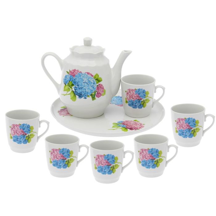 Набор для чая "Гортензия", 8 предметов: чайник 1,75 л, блюдо для пиццы 30 см, 6 кружек 400 мл