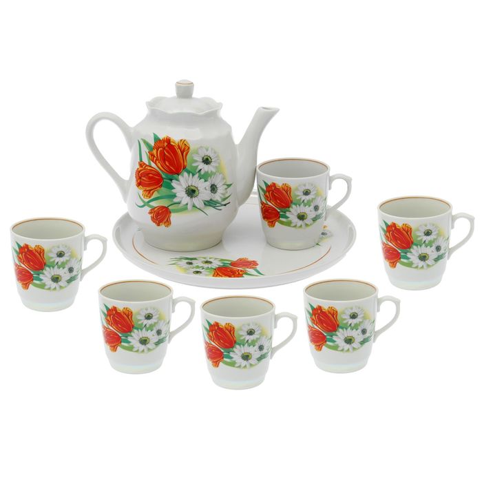 Набор чайный "Ромашка с тюльпаном", 8 предметов: чайник 1,75 л, блюдо для пиццы d=30 см, 6 кружек 400 мл