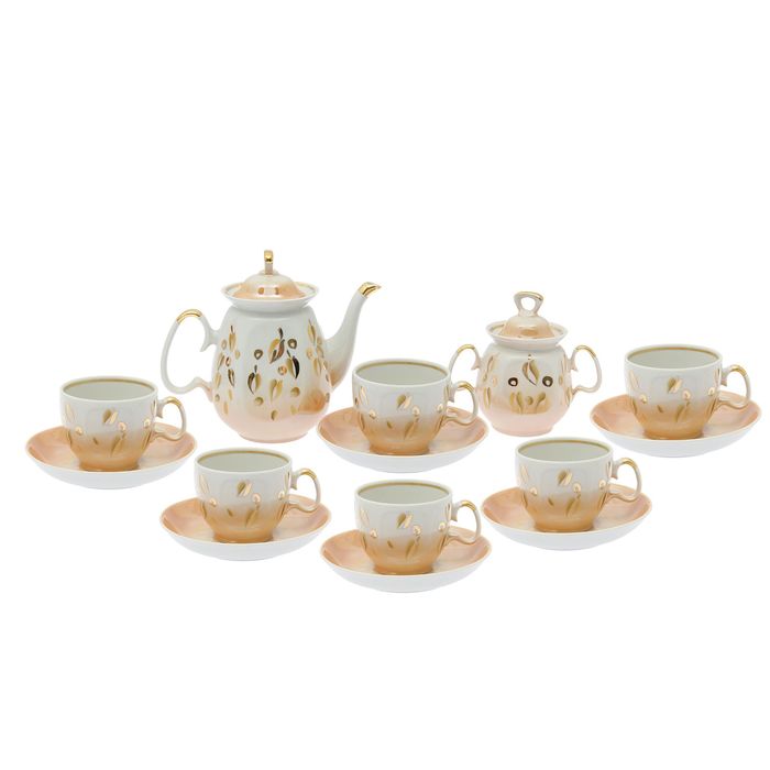 Сервиз чайный "Реванш. Листопад", 14 предметов: чайник 750 мл, 6 чашек 250 мл, 6 блюдец 15 cм, сахарница 350 мл