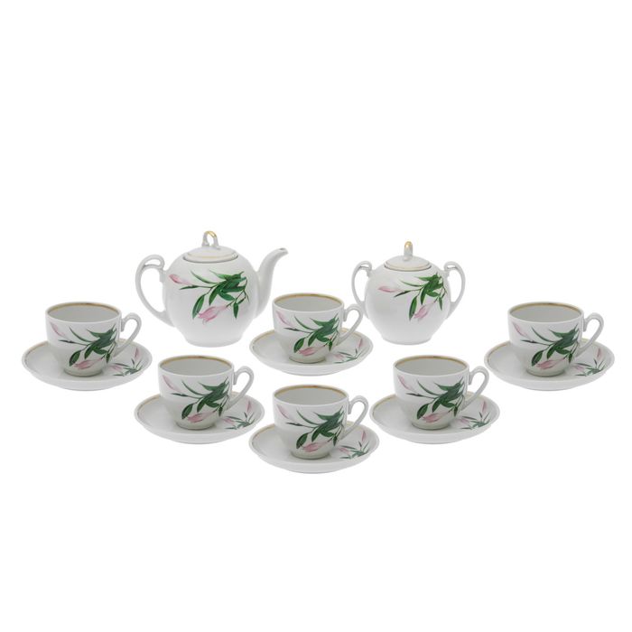 Сервиз чайный "Гармония. Бутон", 14 предметов: чайник 700 мл, 6 чашек 200 мл, 6 блюдец 14 cм, сахарница 450 мл