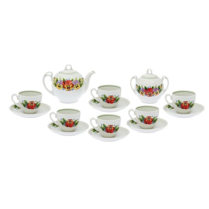 Сервиз чайный "Гармония. Фиалка", 14 предметов: чайник 700 мл, 6 чашек 200 мл, 6 блюдец 14 cм, сахарница 450 мл