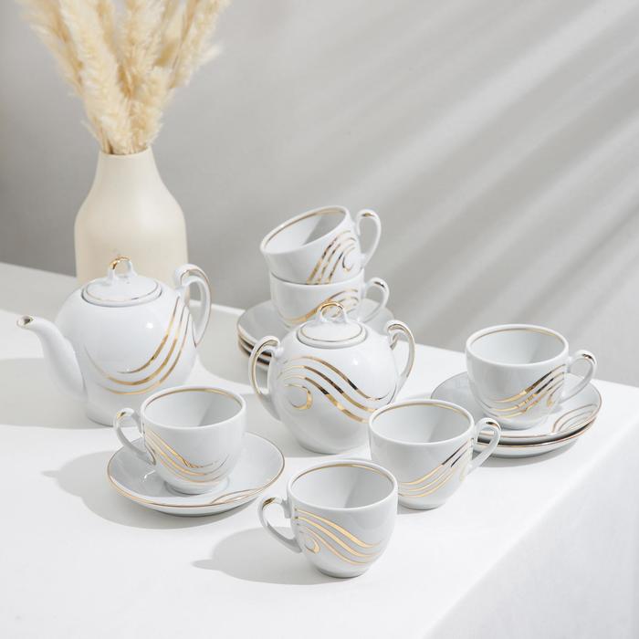 Сервиз чайный "Гармония. Золотая волна", 14 предметов: чайник 700 мл, 6 чашек 200 мл, 6 блюдец 14 cм, сахарница 450 мл