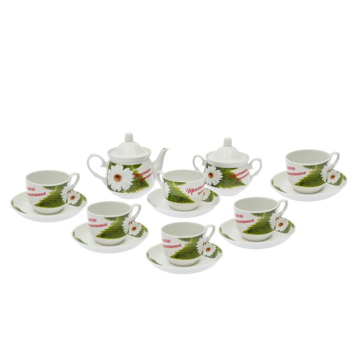 Сервиз чайный "Кирмаш. Ромашка (цитрон)", 14 предметов: чайник 550 мл, 6 чашек 250 мл, 6 блюдец d=15 cм, сахарница 450 мл