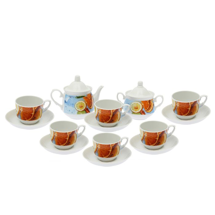 Сервиз чайный "Кирмаш. Цитрон", 14 предметов: чайник 550 мл, 6 чашек 250 мл, 6 блюдец 15 cм, сахарница 450 мл