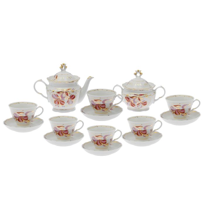 Сервиз чайный "Надежда. Гламур", 14 предметов: чайник 800 мл, 6 чашек 250 мл, 6 блюдец 15 cм, сахарница 550 мл
