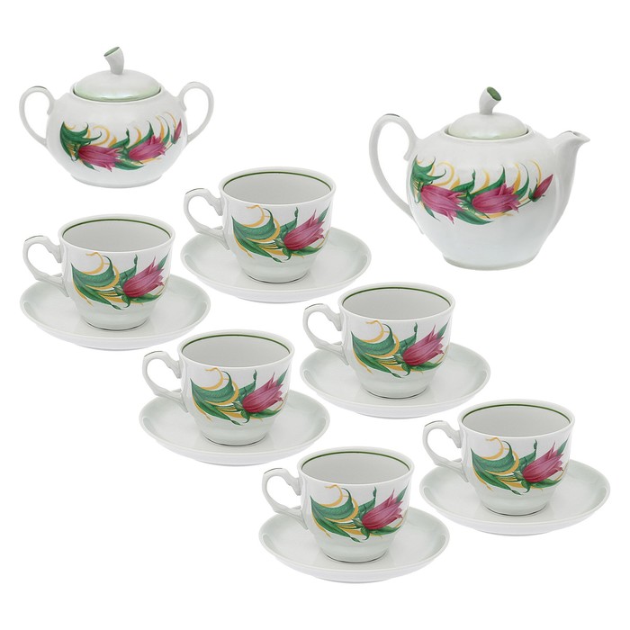 Сервиз чайный "Дыня. Колокольчики", 14 предметов: чайник 1 л, 6 чашек 220 мл, 6 блюдец 14 cм, сахарница 600 мл