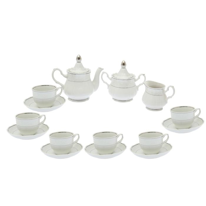 Сервиз чайный "Романс. Серебристый" 15 предметов: 6 чашек чайных 250 мл, 6 блюдец чайных 15 см чайник 800 мл, сахарница 550 мл, сливочник чайный 350 мл