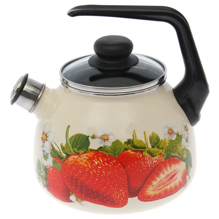 Чайник 3 л "Клубника садовая", стеклянная крышка, свисток, фиксированная ручка