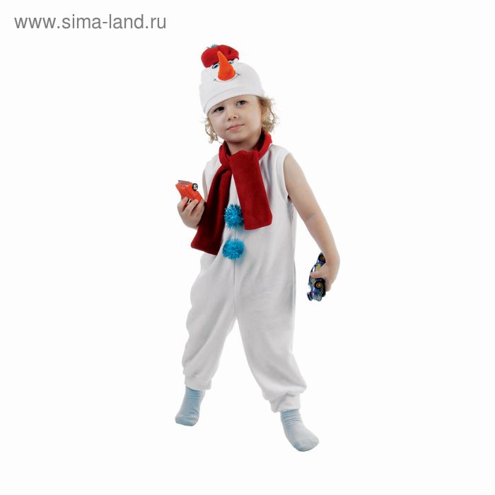 Карнавальный костюм «Белый снеговик», велюр, комбинезон, шарф, шапка, рост 98 см