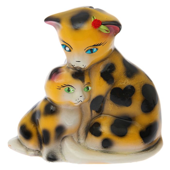 Копилка "Кошка с котёнком" малая, глянец, жёлтый леопард