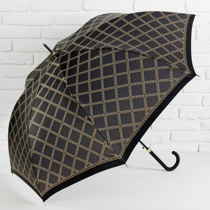 Зонт-трость "Клетка", полуавтоматический, R=54см, цвет золотисто-чёрный