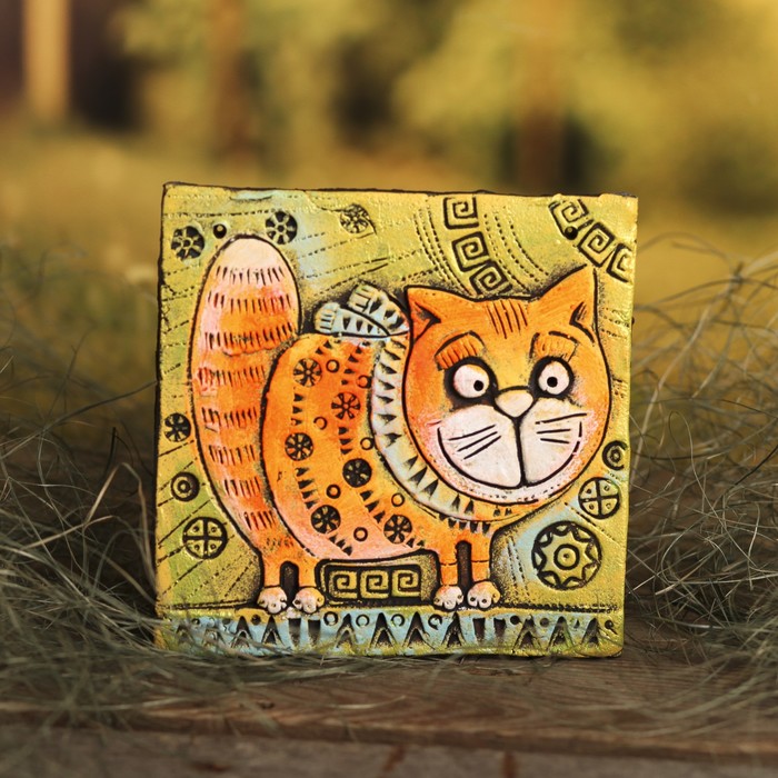 Панно из красной глины "Кот"