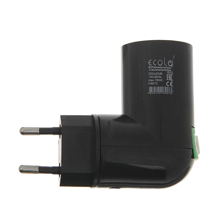 Переходник Ecola, вилка-патрон, E27, 60х83 мм, с выключателем, черный