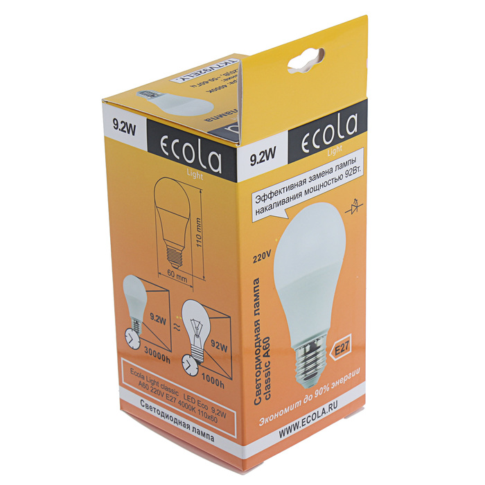 Лампа светодиодная Ecola, А60, E27, 9.2 Вт, 4000 K, 110x60 мм, матовый шар