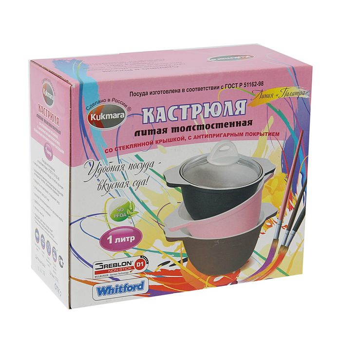 Кастрюля 1 л со стеклянной крышкой, антипригарное покрытие