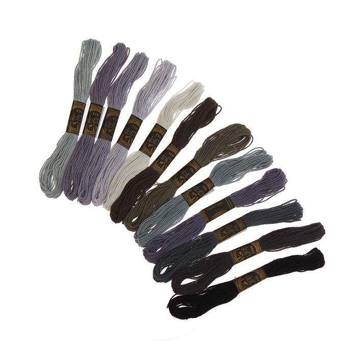 Набор ниток мулине "Спектр серый", 12шт, 8±1м, цвет белый/серый/чёрный