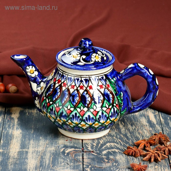 Чайник Риштанская Керамика Узоры, 700 мл, синий