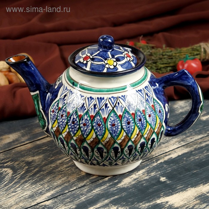Чайник Риштанская Керамика Узоры, 1000 мл, синий