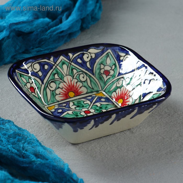 Салатница Риштанская Керамика Цветы, 13 см, синяя, микс