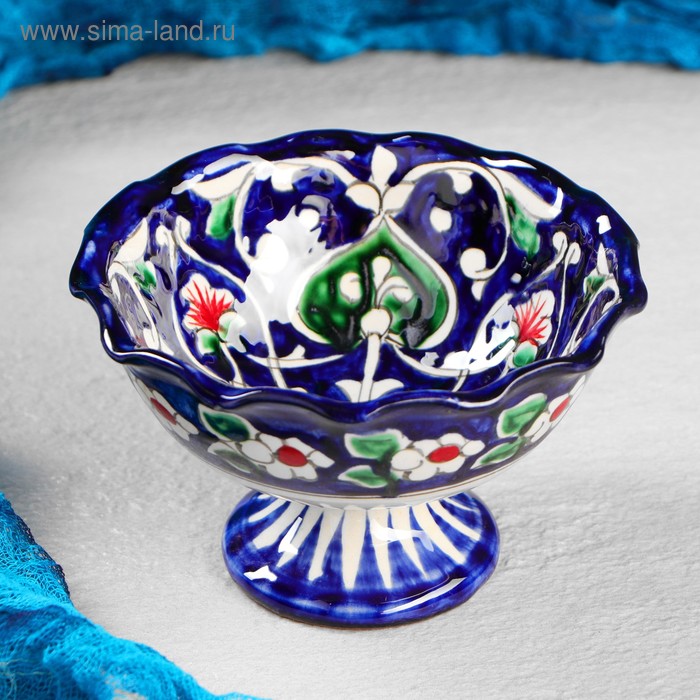 Конфетница Риштанская Керамика Цветы, 13 см, синяя тортовница риштанская керамика цветы 31 см синяя