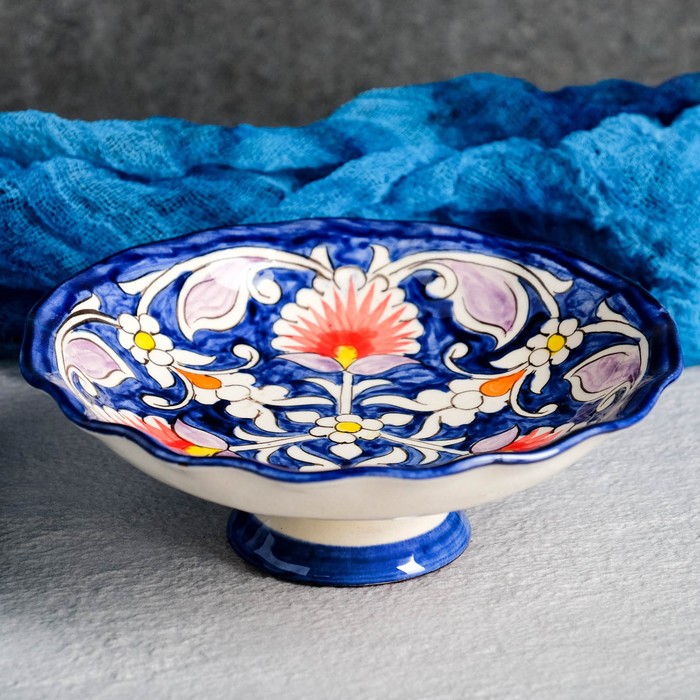 Конфетница Риштанская Керамика Цветы, 14 см, синяя