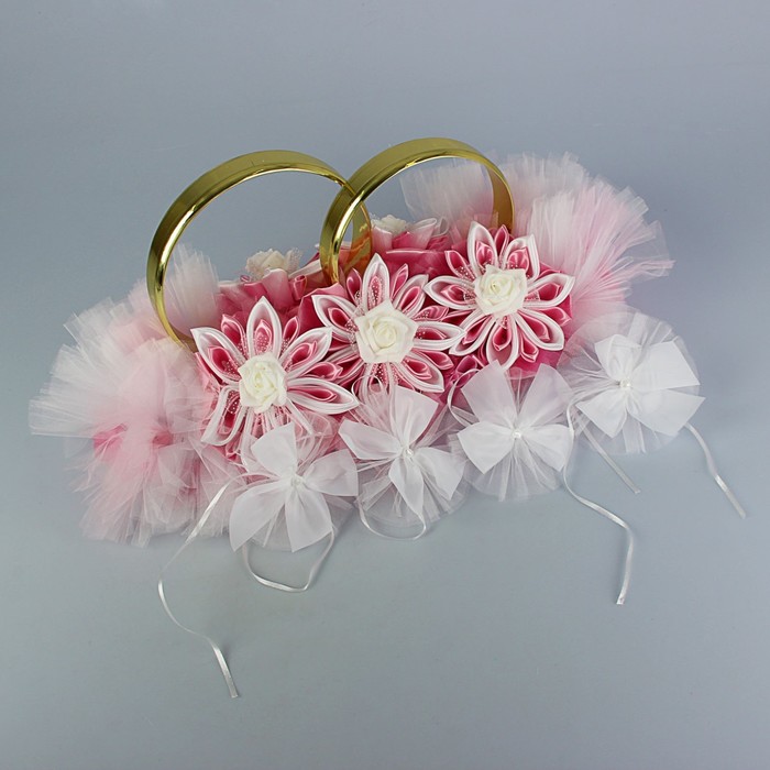 Набор для украшения автомобиля: кольца с цветами ручной работы, 4 бантика на ручки, 2 ленты на капот, бант на радиатор, розовый