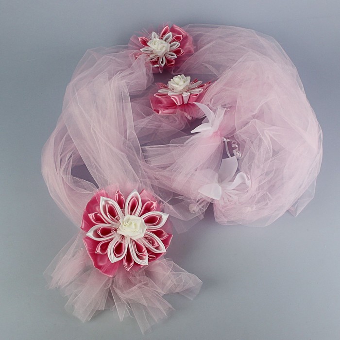 Набор для украшения автомобиля: кольца с цветами ручной работы, 4 бантика на ручки, 2 ленты на капот, бант на радиатор, розовый