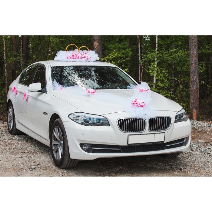 Набор для украшения автомобиля: кольца с цветами ручной работы, 4 бантика на ручки, 2 ленты на капот, бант на радиатор, розовый