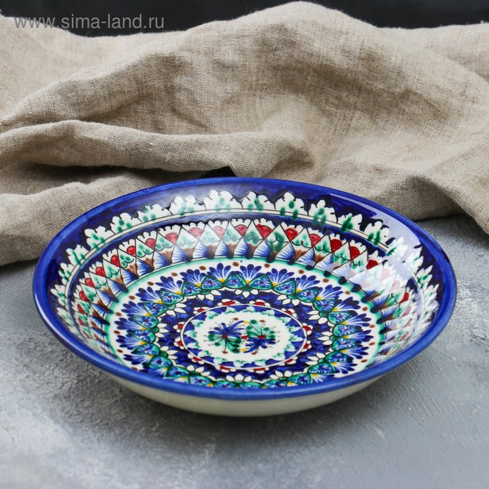 Тарелка Риштанская Керамика Узоры, синяя, глубокая, 20 см тарелка риштанская керамика узоры 27 см синяя микс