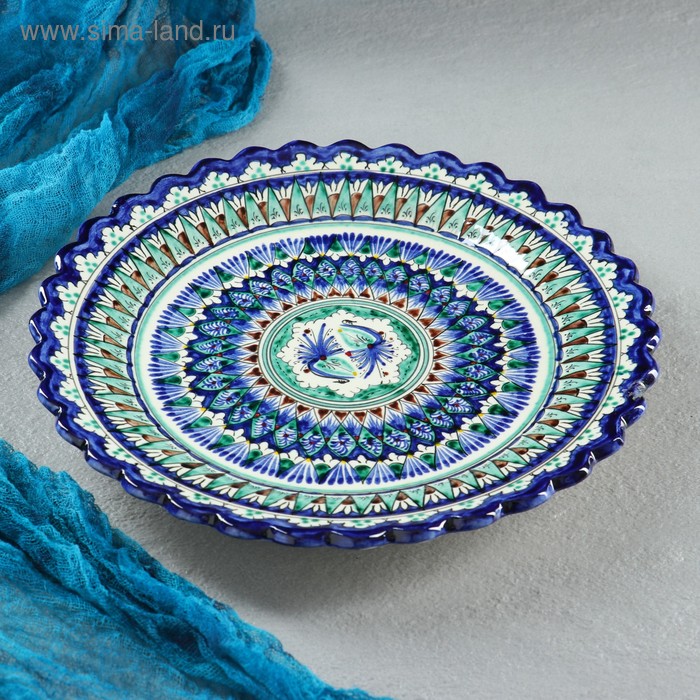 Тарелка Риштанская Керамика Цветы, синяя, рельефная, 25 см