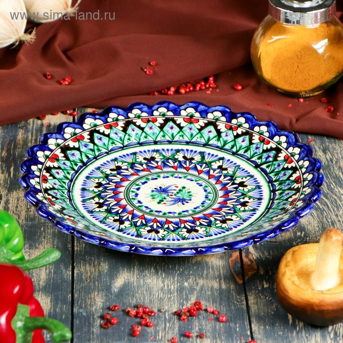 Тарелка Риштанская Керамика Цветы, синяя, рельефная, 23 см