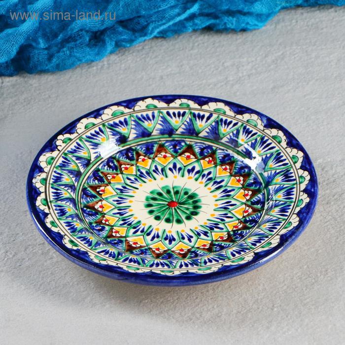 Тарелка Риштанская Керамика Цветы, синяя, плоская, 17 см, микс