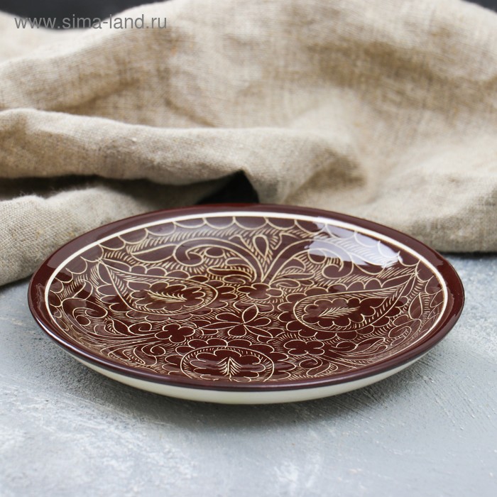 Тарелка Риштанская Керамика Узоры, коричневая, плоская, 15 см тарелка риштанская керамика узоры зелёная плоская 27 см