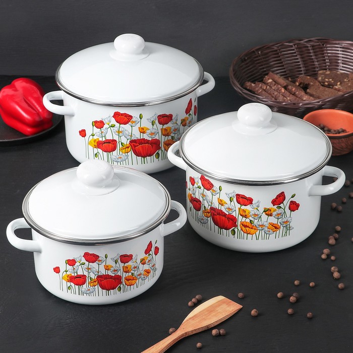 Набор кастрюль "Луговой мак", 3 шт: 2 л, 3 л, 4 л