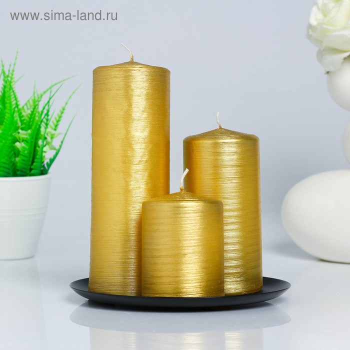 Набор свечей-цилиндров на подставке Интерьерный, 3 шт, золотой