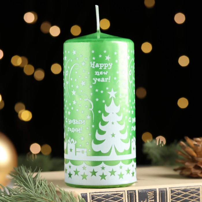 Свеча-цилиндр новогодняя Новогодние узоры №3, 12,5х6 см, 35 ч, 275 г, зеленая с белым