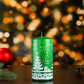 Свеча-цилиндр новогодняя 'Новогодние узоры №3', 12,5х6 см, 35 ч, 275 г, зеленая с белым Ош