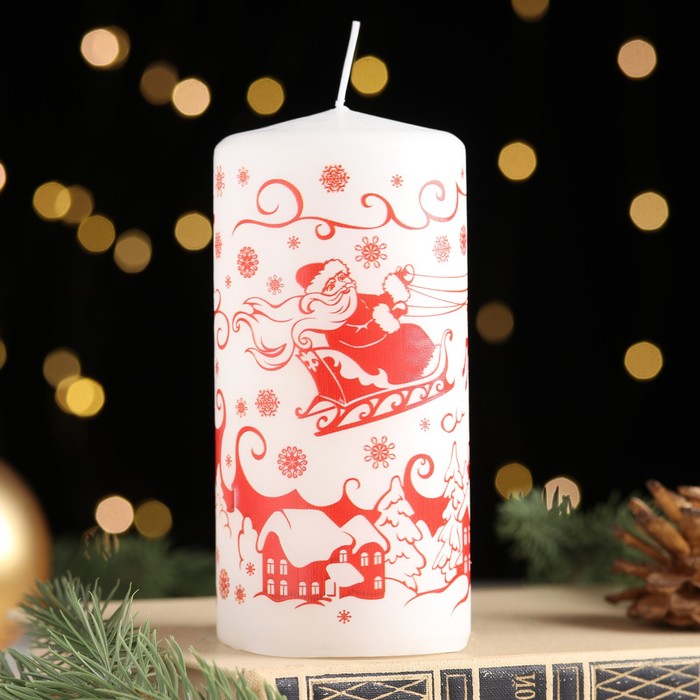 Свеча-цилиндр новогодняя Новогодние узоры №1, 12,5х6 см, 35 ч, 275 г, белая с красным