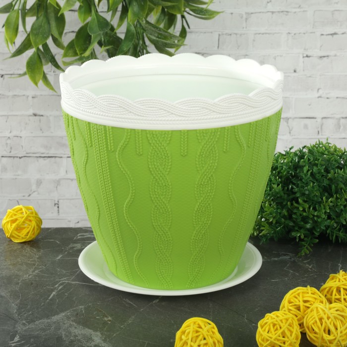 Кашпо 1,5 л "Меланж"  с поддоном , цвет зеленый