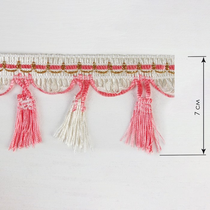 Тесьма с кистями, 7см, 12±1м, цвет розовый/золотой