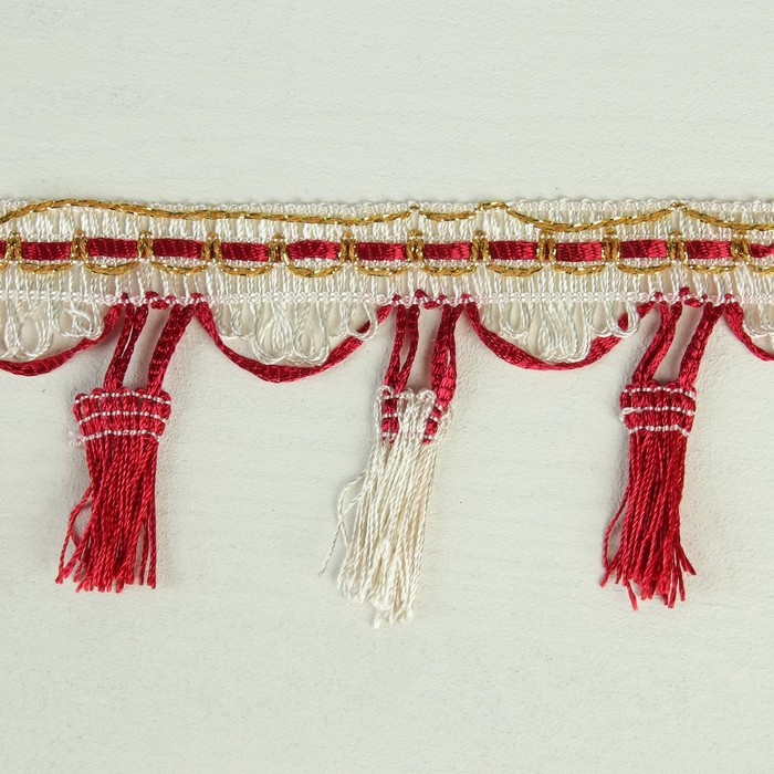 Тесьма с кистями, 7см, 12±1м, цвет белый/бордовый/золотой