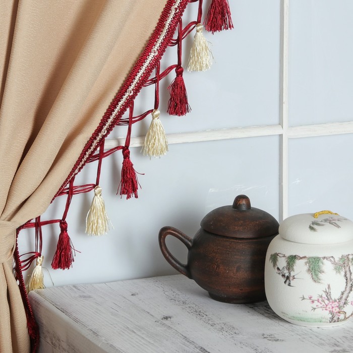 Тесьма "Переплетение кистей", 12±1м, цвет бордовый/бежевый