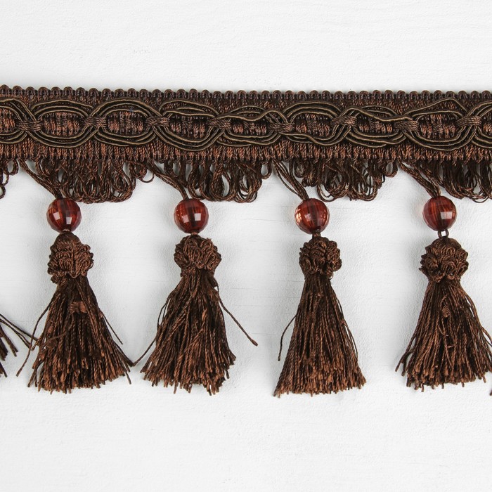 Тесьма с бусинками, 10см, 12±1м, цвет -коричневый