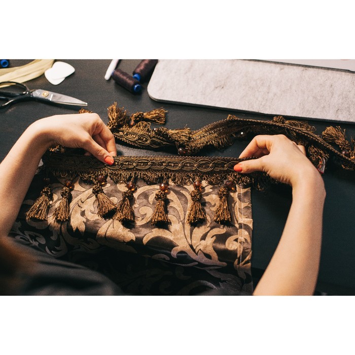 Тесьма с бусинками, 10см, 12±1м, цвет -коричневый